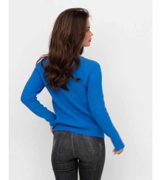 Голубой шерстяной свитер с декоративным вырезом