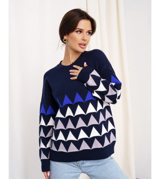 Темно-синій в'язаний светр з об'ємними трикутниками