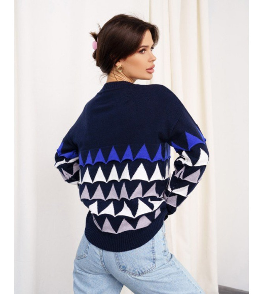 Темно-синій в'язаний светр з об'ємними трикутниками