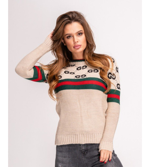 Вовняний бежевий светр з лого і смугастими вставками