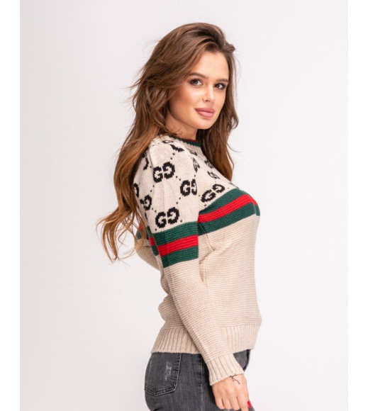 Вовняний бежевий светр з лого і смугастими вставками
