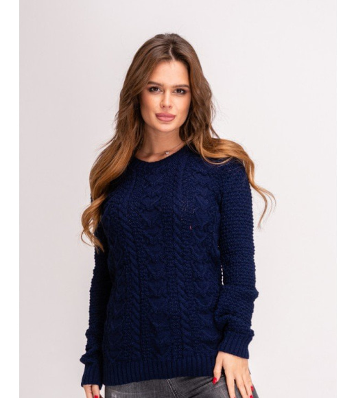 Темно-синій теплий светр об`ємної в`язки
