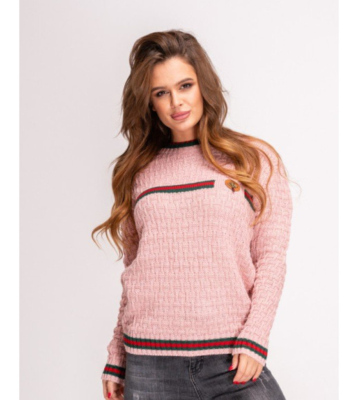 Розовый шерстяной вязаный свитер с полосками и брошью