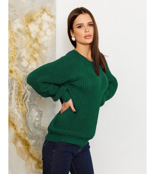 Зелений вовняний светр об`ємної в`язки