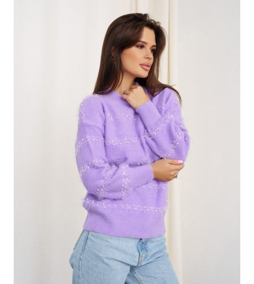 Сиреневый свитер-травка с полосатым декором