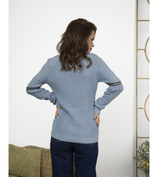 Голубой вязаный свитер с бусинами и люрексом