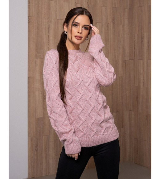 Рожевий вовняний светр об`ємної комбінованої в`язки