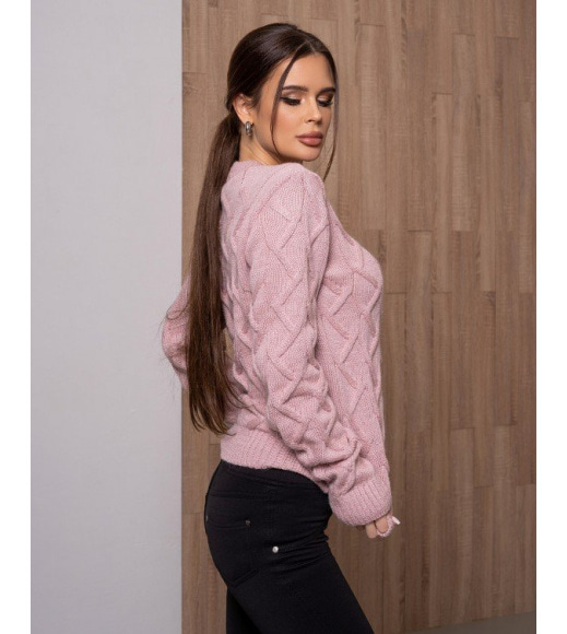 Розовый шерстяной свитер объемной комбинированной вязки