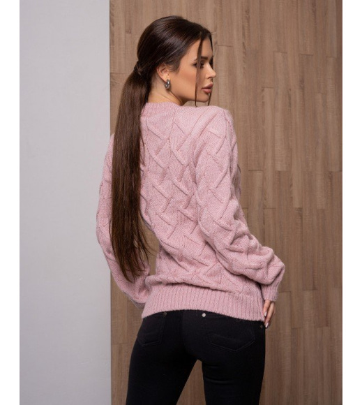 Рожевий вовняний светр об`ємної комбінованої в`язки