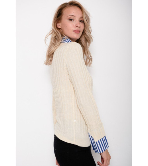 Комбинированный свитер молочного цвета с полосатым воротником и манжетами