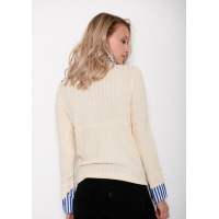 Комбінований светр молочного кольору з смугастим коміром та манжетами