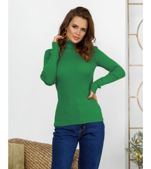 Зеленый фактурный свитер с высоким горлом
