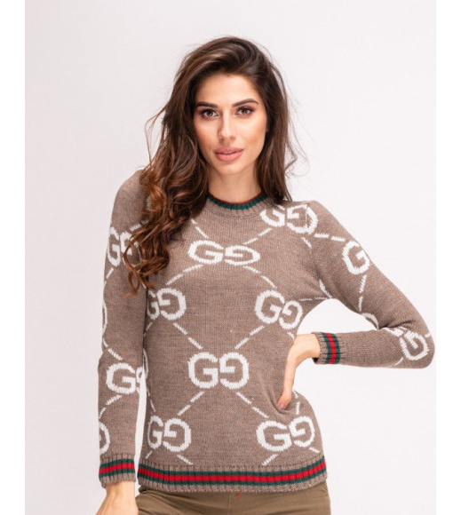 Коричневий вовняний светр з лого і кольоровими манжетами