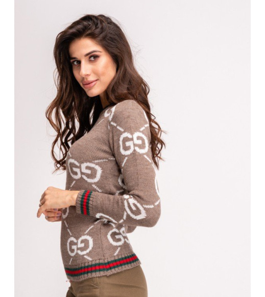 Коричневий вовняний светр з лого і кольоровими манжетами