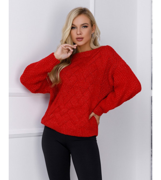 Красный шерстяной свитер комбинированной вязки