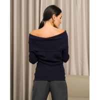 Темно-синий ангоровый вязаный свитер с отворотом