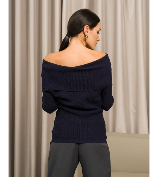 Темно-синий ангоровый вязаный свитер с отворотом