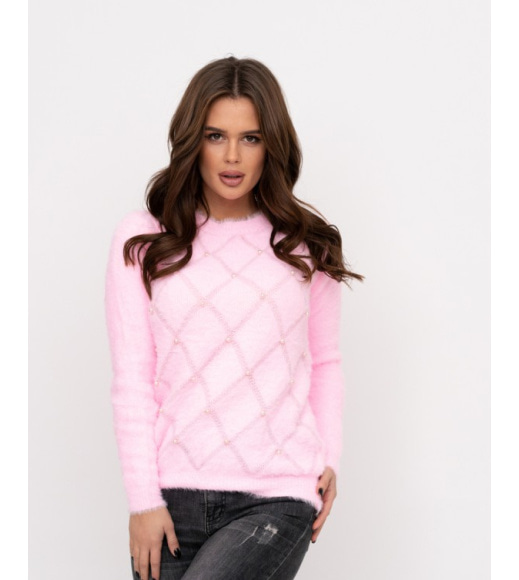 Рожевий пухнастий светр з перфорацією і намистинами