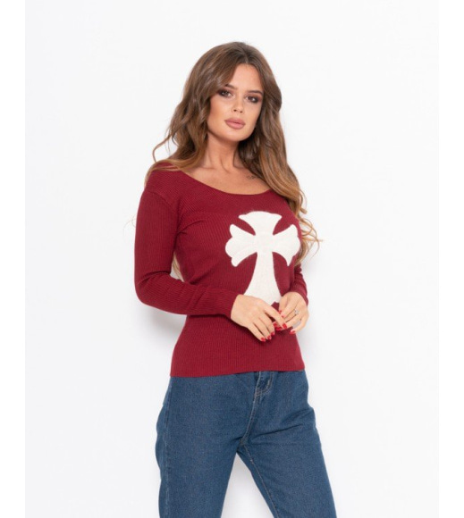 Бордовый эластичный свитер с ангоровой нашивкой