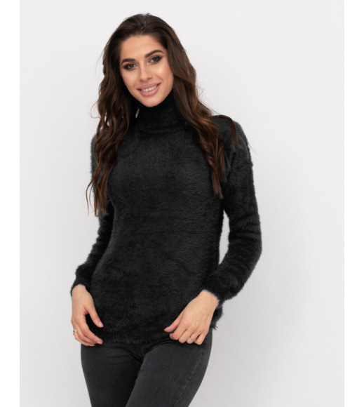 Черный теплый свитер-травка с высоким горлом