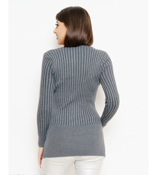 Серый фактурный удлиненный свитер с пуговицами