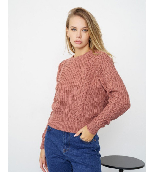 Темно-розовый свитер объемной вязки