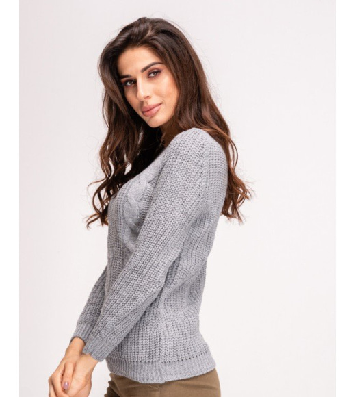 Серый шерстяной теплый свитер комбинированной вязки
