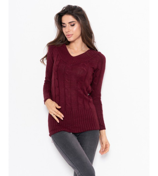 Бордовый тонкий свитер ажурной вязки