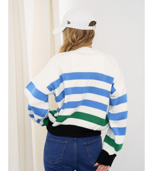 Білий светр із кольоровими смужками