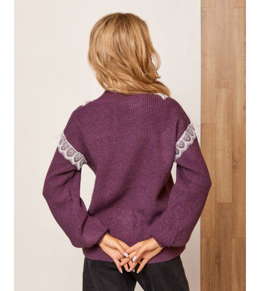Фіолетовий вовняний пуловер з мереживом