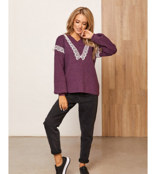 Фиолетовый шерстяной пуловер с кружевом