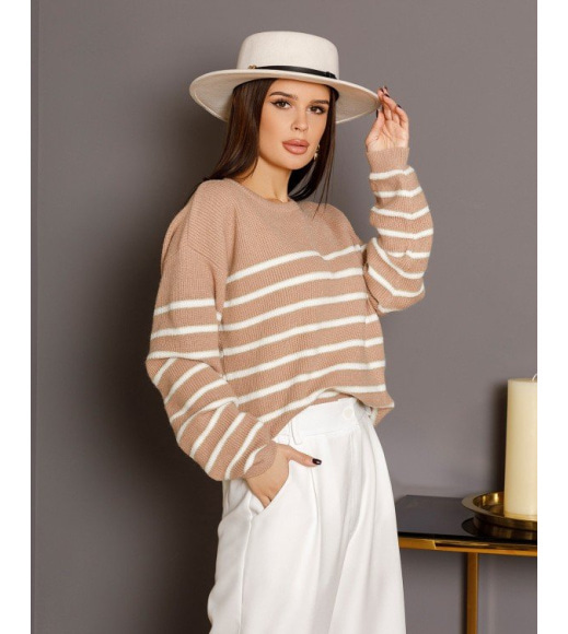 Бежево-білий в`язаний смугастий светр з люрексом