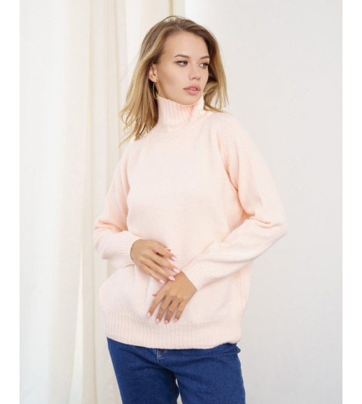Розовый мохеровый вязаный свитер с пуговицами на горловине