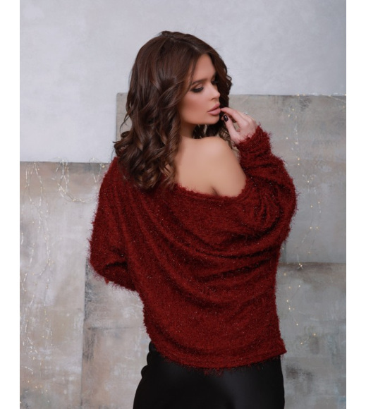 Бордовый свободный свитер-травка с широкой горловиной