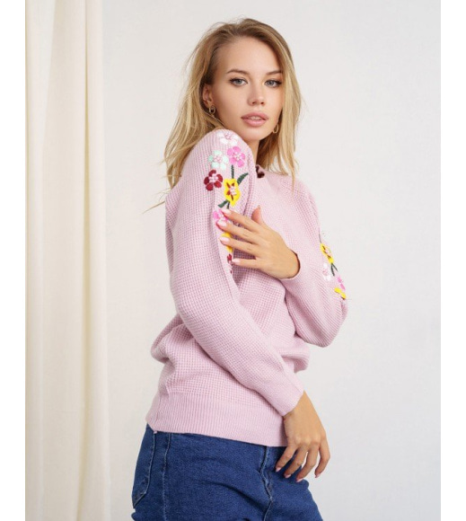 Рожевий трикотажний светр з квітковим візерунком