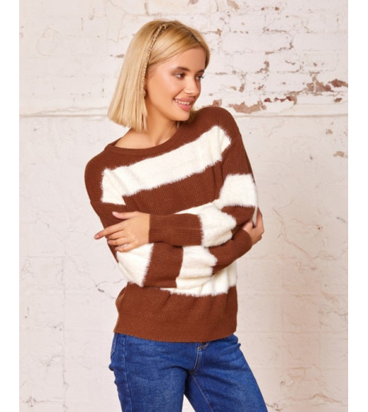 Теракотовий комбінований смугастий светр