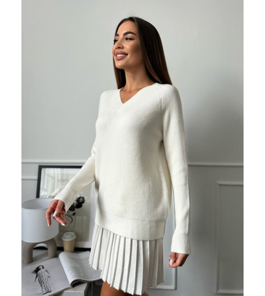 Кашемировый вязаный пуловер молочного цвета