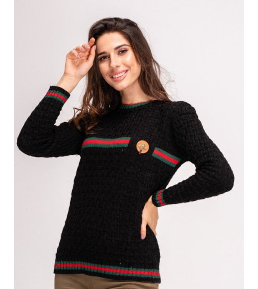 Чорний в`язаний шерстяний светр з смужками і брошкою