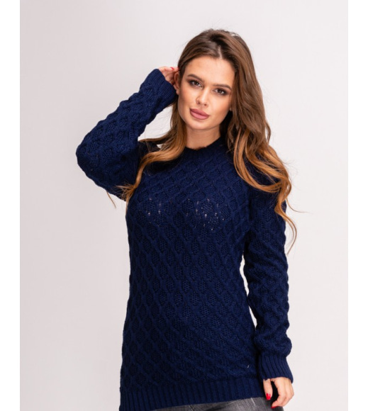 Темно-синій вовняний подовжений в`язаний светр