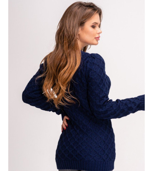 Темно-синій вовняний подовжений в`язаний светр
