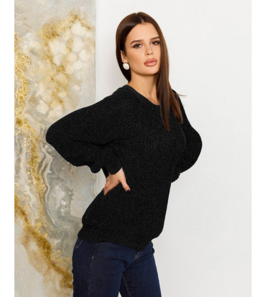 Черный шерстяной свитер объемной вязки