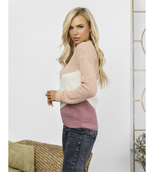 Розовый теплый вязаный свитер с люрексом