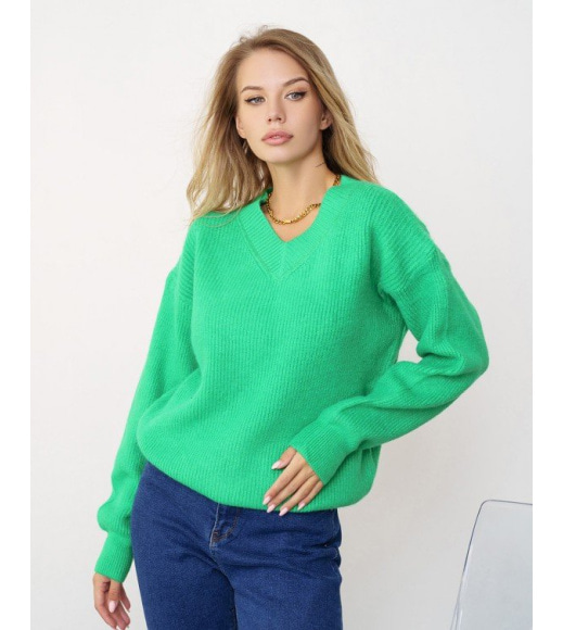 Зелений вовняний в'язаний пуловер