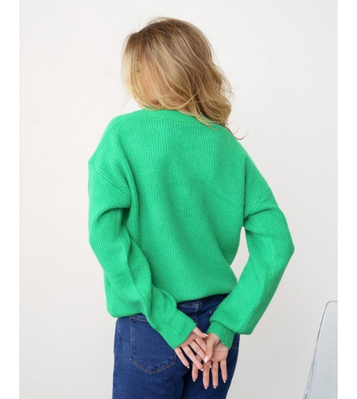 Зелений вовняний в'язаний пуловер