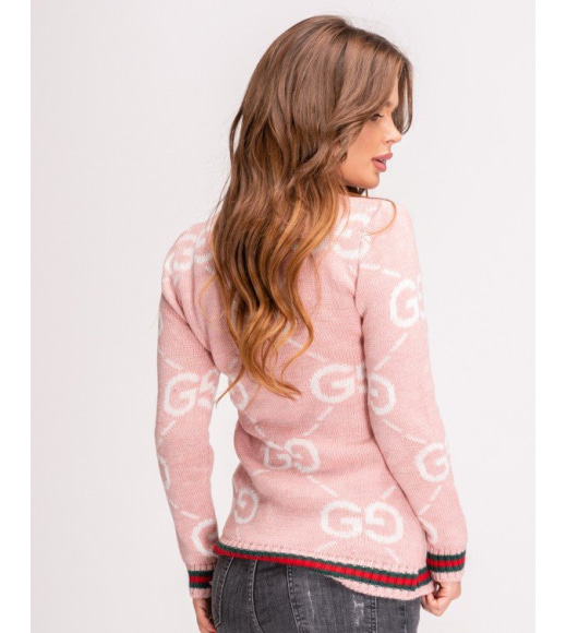 Розовый шерстяной свитер с лого и цветными манжетами