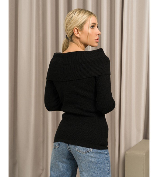 Черный ангоровый вязаный свитер с отворотом