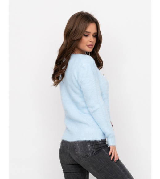 Голубой свитер-травка с бусинами и стразами