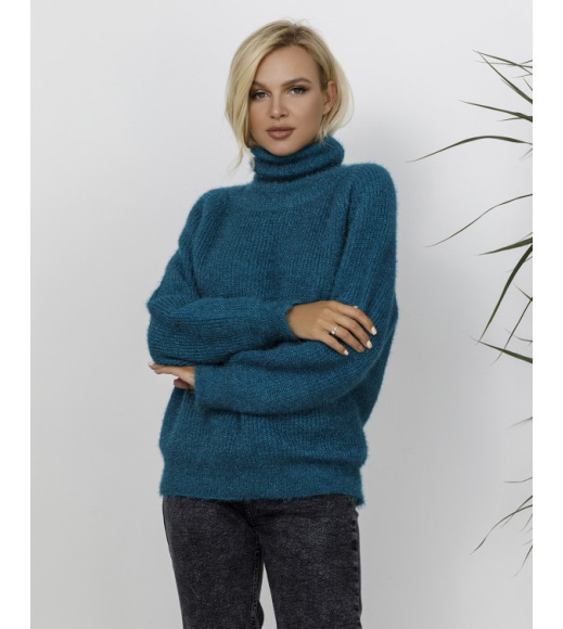 Бірюзовий теплий светр об`ємної в`язки