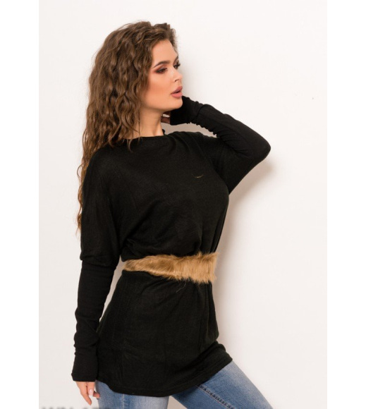 Черный свободный удлиненный ангоровый свитер со съемным меховым поясом