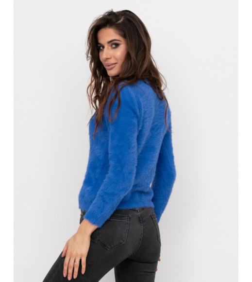 Синій еластичний в`язаний светр-травичка